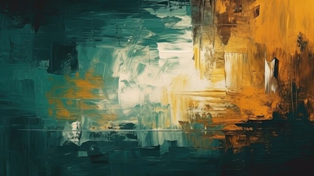 Abstract Green black white yellow paint strokes oil painting on canvas Grungy background