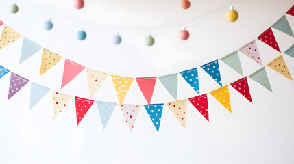 Obraz premium Carnival garland with flags isolated on white background. Decorative colorful bunting for birthday celebration, festival and bright decoration