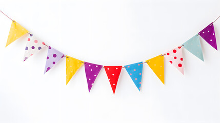 Obraz premium Carnival garland with flags isolated on white background. Decorative colorful bunting for birthday celebration, festival and bright decoration