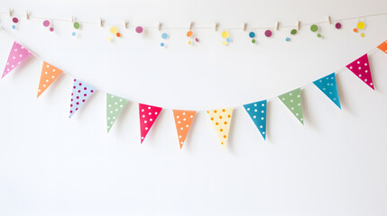 Obraz premium Carnival garland with flags isolated on white background. Decorative colorful bunting for birthday celebration, festival and bright decoration