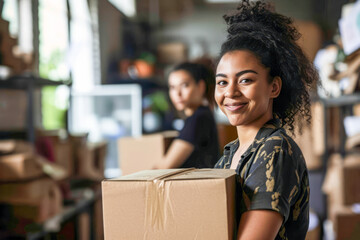 Smiling worker in warehouse holding box, with colleague in background. Business, teamwork, logistics concept. - obrazy, fototapety, plakaty