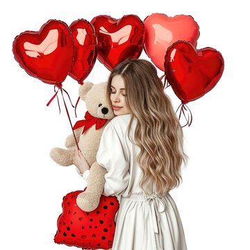 beautiful woman with balloons hearts and teddy bear on white background 
