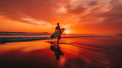 Fototapeta na wymiar Man with surfboard walking on beach at sunset