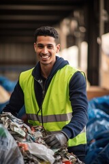 Cheerful worker segregating waste at recycling unit - obrazy, fototapety, plakaty