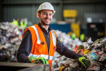 Smiling worker in hi-vis gear at recycling plant - obrazy, fototapety, plakaty