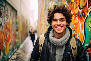 Happy young man with backpack in graffiti alley