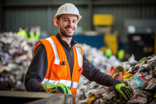 Smiling worker in hi-vis gear at recycling plant