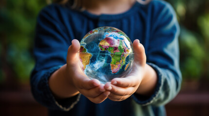 Child holding a detailed globe outdoors showing continents