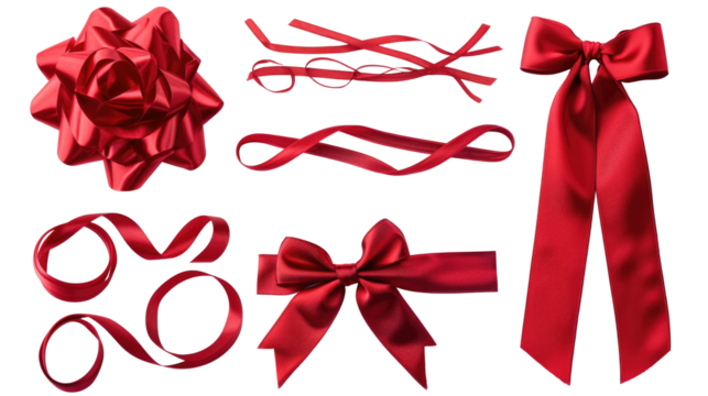 Set of red silk tied bow and wavy red ribbon for gift package decoration on white backgroun