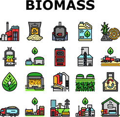 biomass energy plant power icons set vector. green gas, solar electric, wind generator, nuclear industry, factory bio biogas wood biomass energy plant power color line illustrations