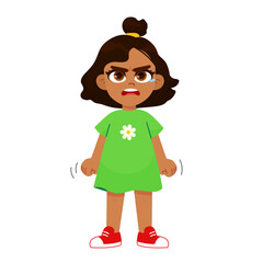 Vector illustration of a very angry girl girl standing in a pose, arms crossed, with a disgruntled look on her face. aggressive children 
