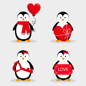 Collection of cute penguins with hearts. A set of elements for designing cards for St. Valentine's Day. Vector illustration