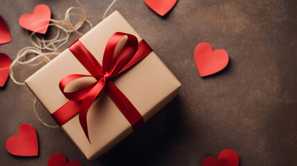 Top view craft paper gift box with red bow. Valentine's Day