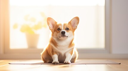  Corgi dog doing downward facing dog yoga pose while sitting on a mat on a light background.