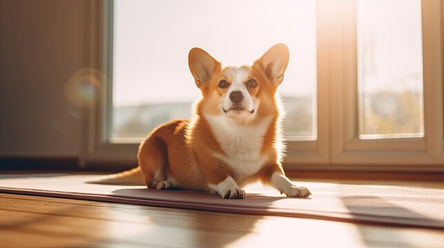  Corgi dog doing downward facing dog yoga pose while sitting on a mat on a light background.