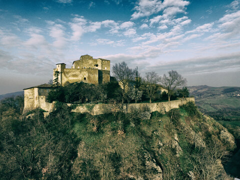 aerial view of Rossena castle. Rossena, Canossa, Reggio Emilia, Italy
