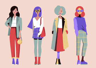 Fashion girl and woman. Vector Illustration in limited color palette in a minimalist style