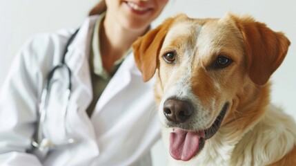 A veterinarian with a stethoscope around his neck smiling at the camera with a dog on a table.
