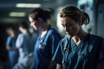 Exhausted nurse works overtime in a hospital operating room
