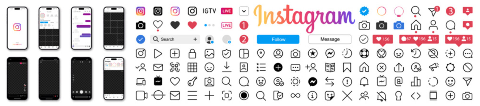 Big set instagram. Instagram mockup. Instagram screen social media and social network interface template. Instagram ui app interface, home, search, reel, shop, profile, share, save and more icons.