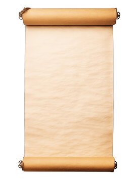An ancient parchment scroll, rolled up with a vintage look on a plain background.
