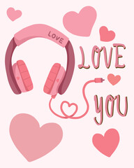 cute Valentines day card pink heart with headphones  " LOVE YOU"