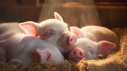 3 little pig sleeping on haystack in farm house
