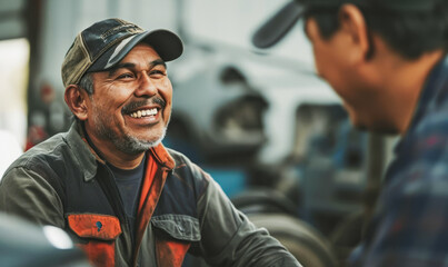 Happy mechanic enjoying a light moment with a colleague in a workshop. Ideal for themes of teamwork, job satisfaction, and skilled trades. - obrazy, fototapety, plakaty