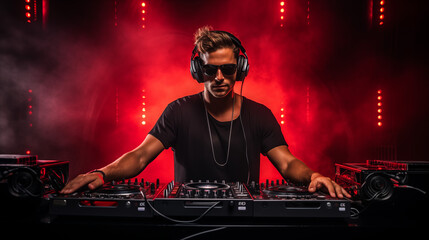 DJ wear sunglasses and playing dance music in the club
