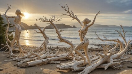 Driftwood figures resembling human forms on a beach at sunset
