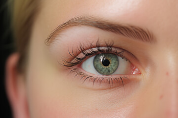 Obraz premium Closeup female eye with long eyelashes, woman eyebrow. Makeup, Cosmetics, Beauty. Close up