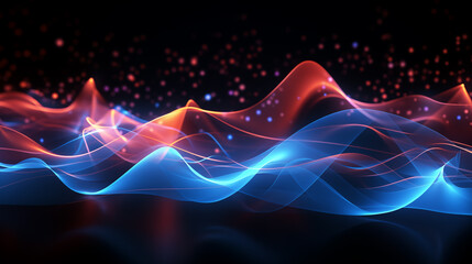 Abstract digital wave background with glowing lines and bokeh effect on dark background. Colorful...