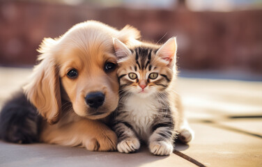 kitten and puppy cuddling together