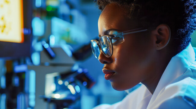 Focused female scientist examining samples in lab. - Powered by Adobe