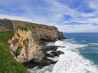 Royal Albatros Centre, Dunedin, New Zealand. Sea view, waves breaking on the cliffs and albatros flying. Lighthouse in the distance. Clear sunny day in the summer by the ocean.