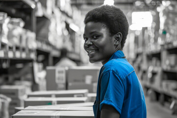 Smiling woman in blue working in a warehouse, monochrome background highlighting positive industrial workflow.