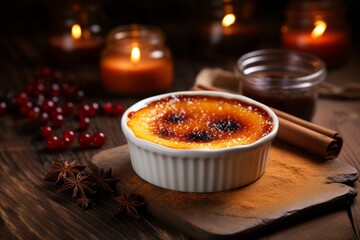 Creme brulee traditional French vanilla cream dessert on wooden board, rustic style - obrazy, fototapety, plakaty