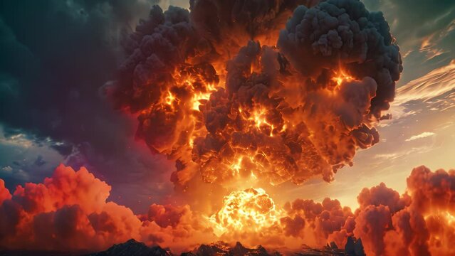 A dramatic large nuclear explosion mushroom cloud fire ball, explosive destruction theme