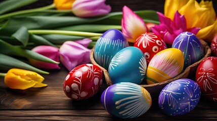 color painted eggs in with tulip flower on wooden table with , spring flower bouquet , Easter day background wallpaper, Generative Ai