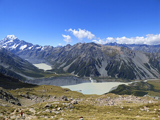 Mueller hut track, Aoraki National park, New Zealand. Southern Alps and Mt. Cook in the background, glacial lake in the front. Sunny day in the summer with clear skies and beautiful view.
