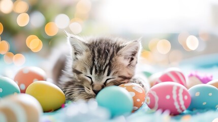 closeup sleepy kitten sleep with Easter eggs , cozy warm house with bokeh light, Generative Ai - obrazy, fototapety, plakaty