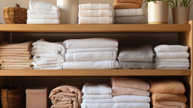  Shelves stocked with neatly arranged towels and wicker baskets create an atmosphere of orderly calm in a well-organized linen closet.