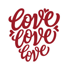 Love love love. Hand lettering red text with hearts isolated on white background. Vector typography for Valentine's day, wedding decorations, posters, cards, banners