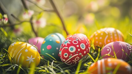 Fototapeta na wymiar color painted eggs with bokeh nature morning light, close up Easter egg on green grass spring nature garden, Easter day background wallpaper, Generative Ai