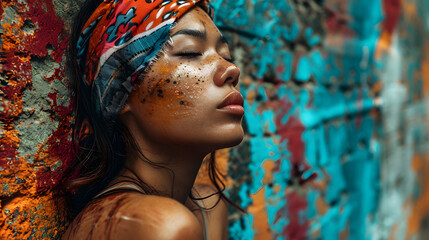 beauty model woman with vibrant makeup in the face with graffiti street wall background - obrazy, fototapety, plakaty
