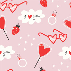 Fototapeta na wymiar Valentine's day seamless pattern with lollipop and glasses in the shape of the heart