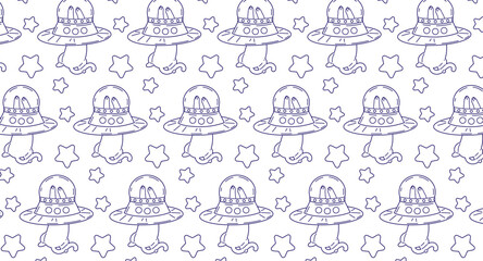 Cat in space seamless pattern. Children's coloring book on a white background isolated. Line drawing vector illustration with cute space cats.