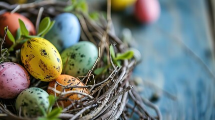 color painted eggs in twig nest, close up Easter egg on wooden table,  Easter day background...
