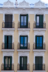 Facade of a residential building in Madrid, Spain in the Lavapies barrio