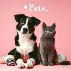 Fototapeta na wymiar Cat and dog peacefully seated on a pink backdrop. Banner featuring adorable pets.